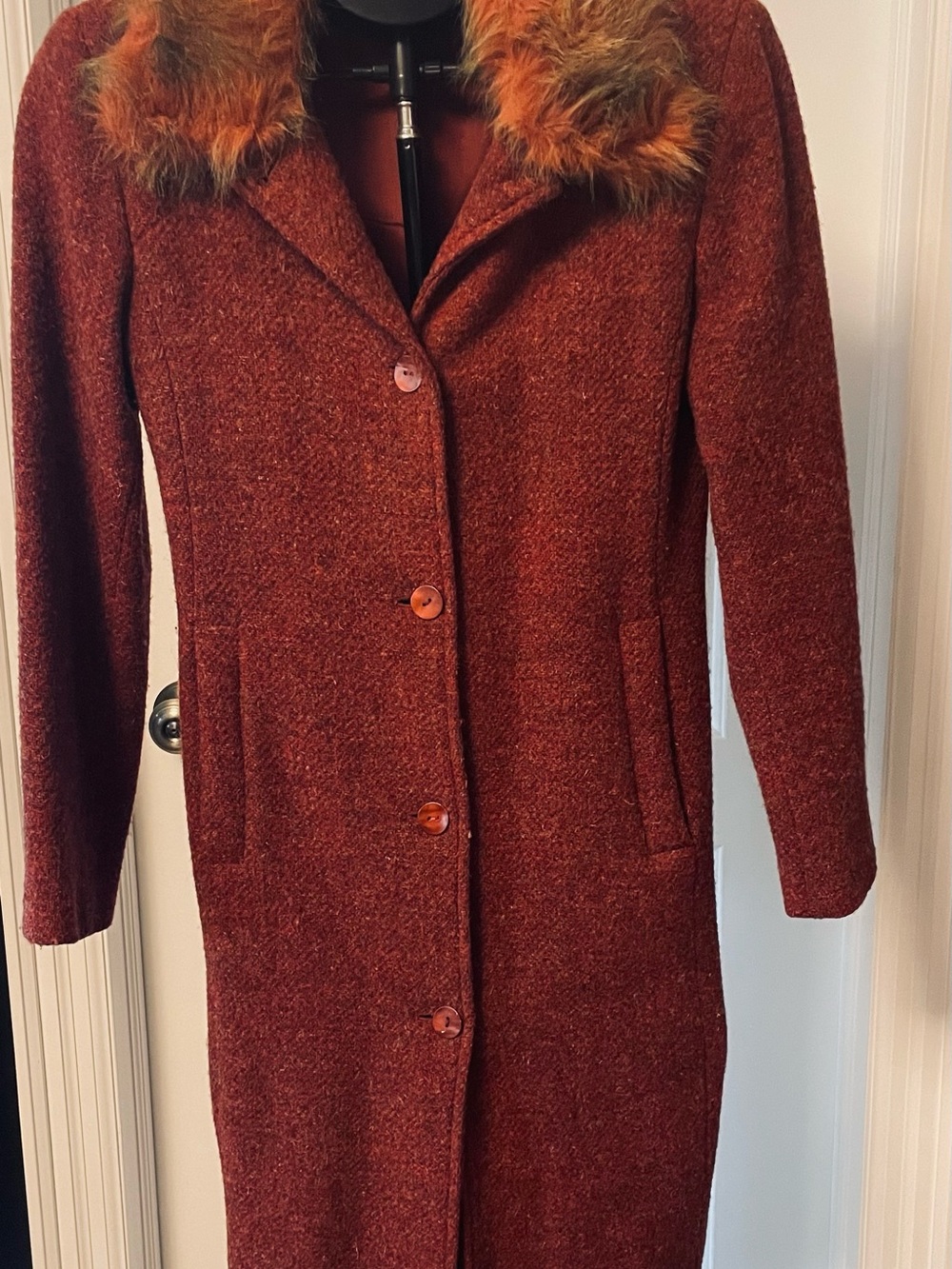 Kookai Burnt Orange Long Trench Coat with Faux Fur Collar